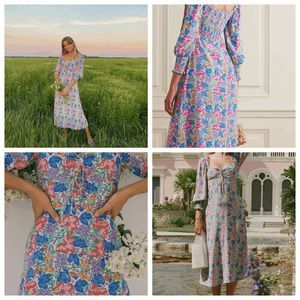 Faithfull The Brand Mathilde Floral Square Neckline Puff Sleeve Smock Dress Sz 8